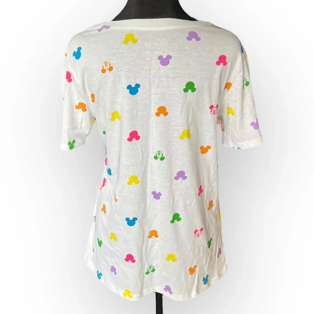 Disney Women's White with Multicolored Mickey Mouse Heads Print T-Shirt Size Med - Picture 2 of 9